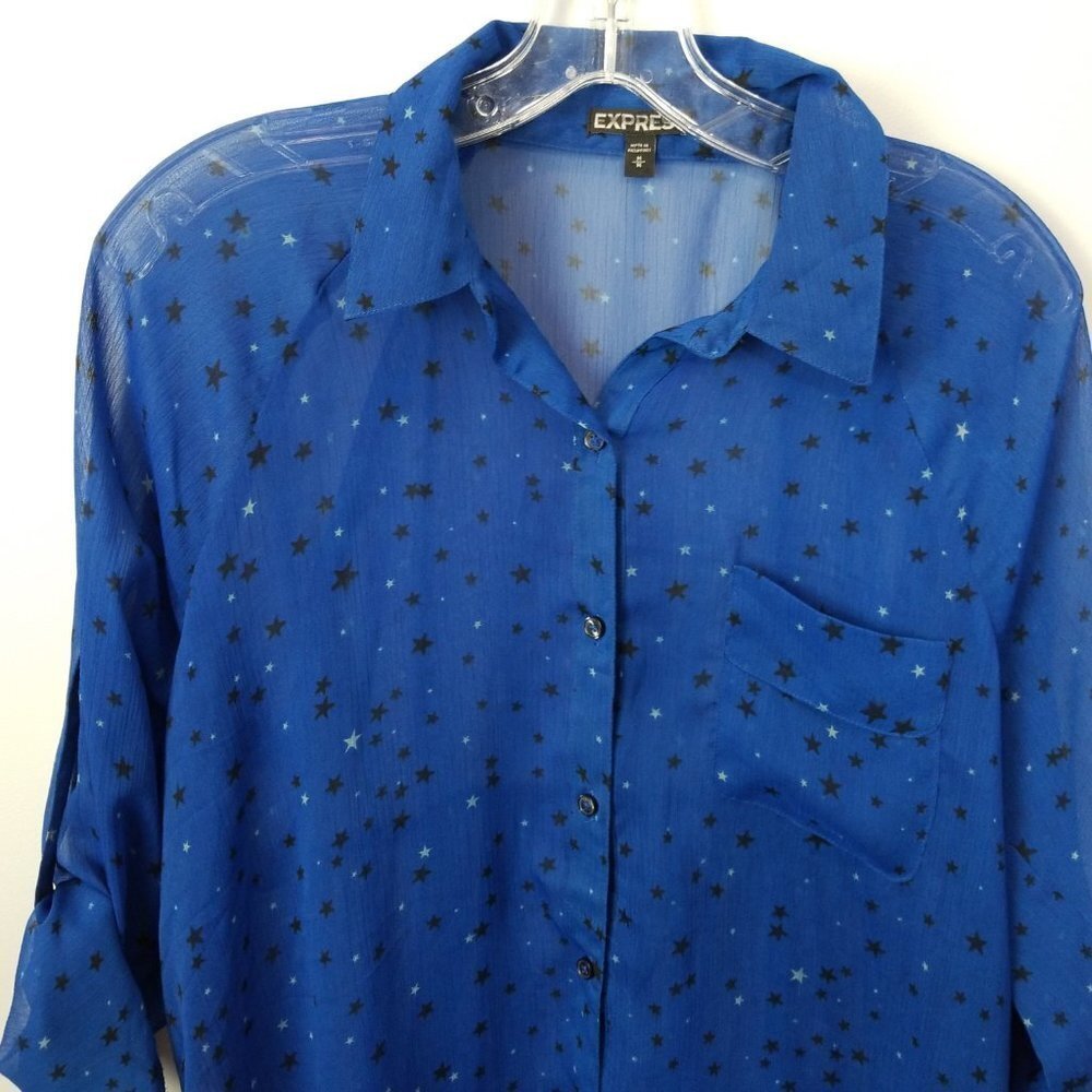 Express Blue Sheer Button Downblouse With Black S… - image 3